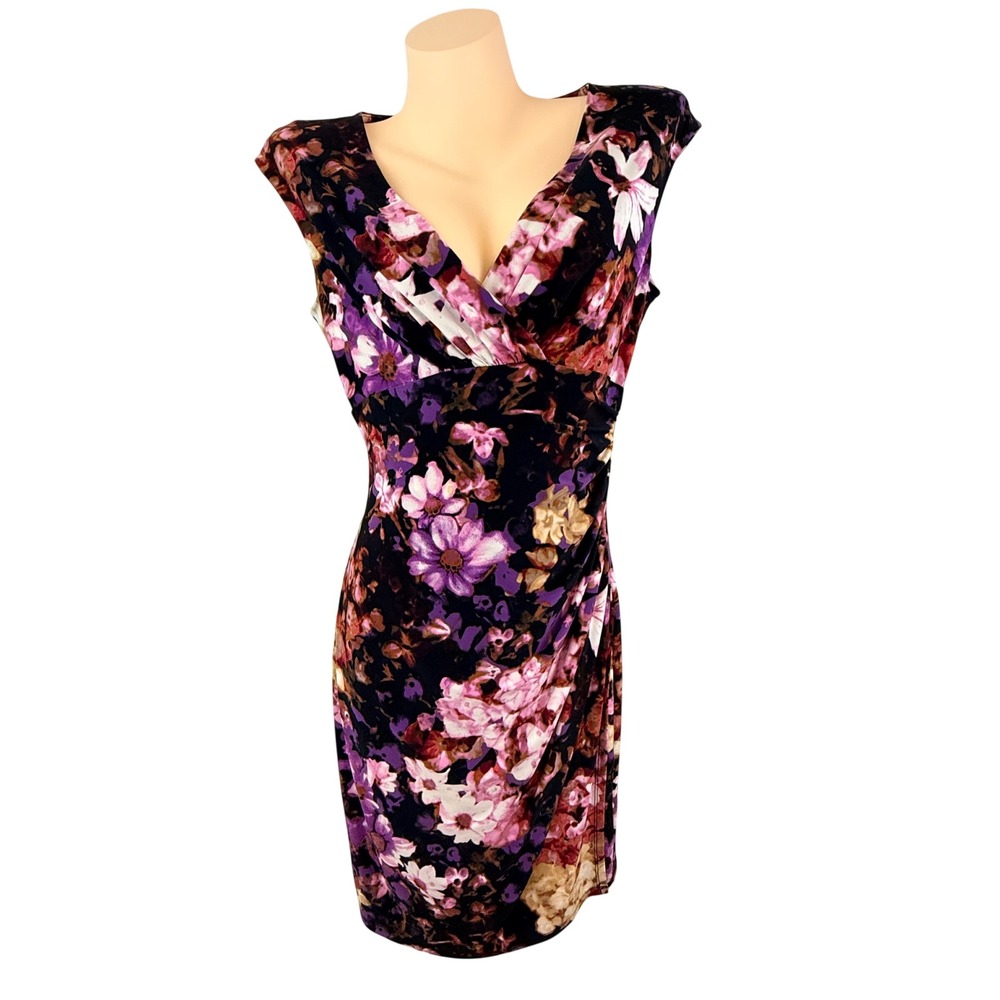 Lauren Ralph Lauren Floral Ruched Faux Wrap V-Neck Sheath Dress Purple Size 12